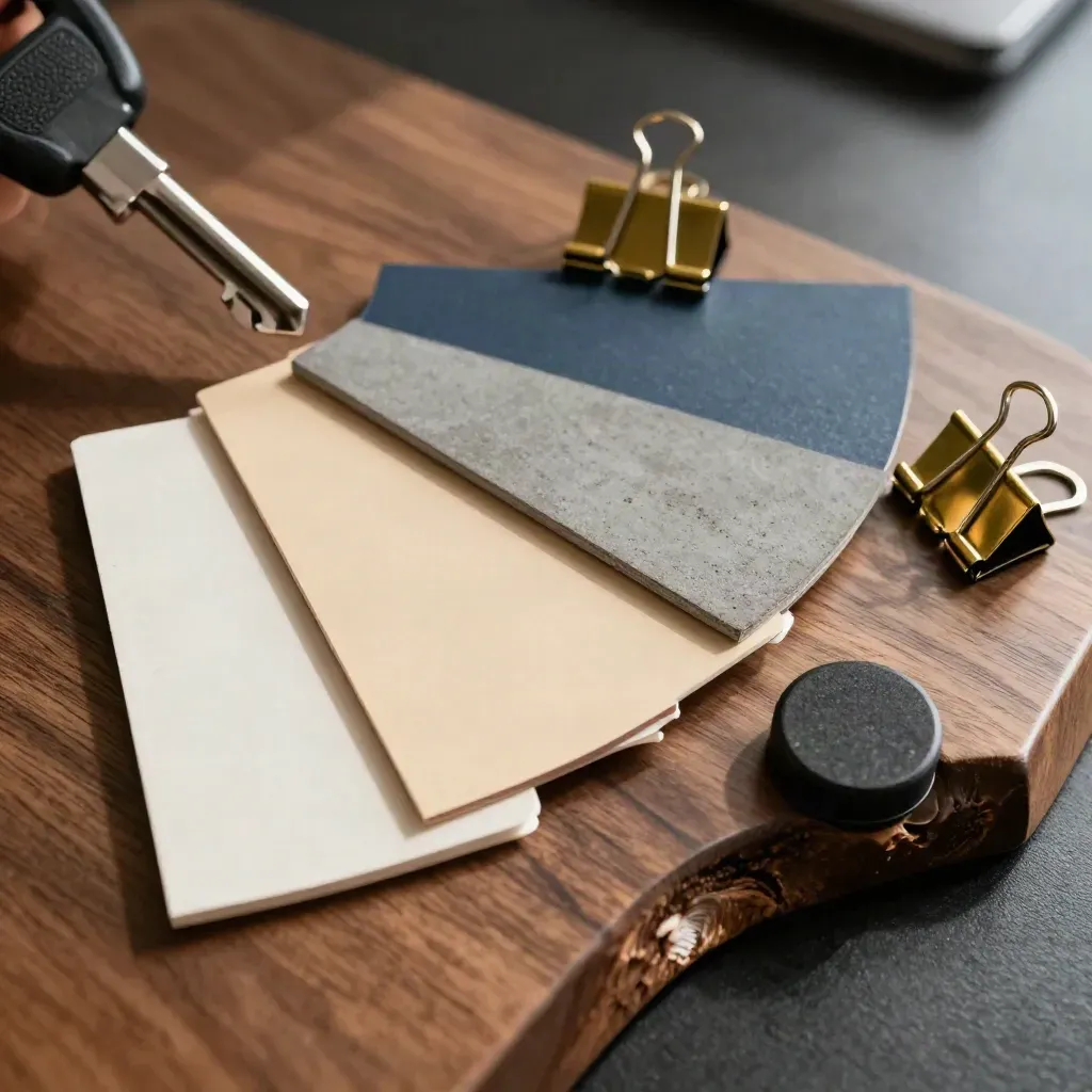 Color swatches, tablet and brass clips on a walnut desk edge.