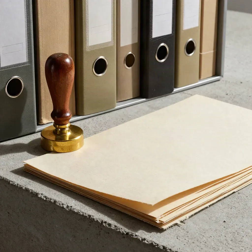 Brass permit embosser, seal stamp, file tabs and folded permit sleeve on concrete