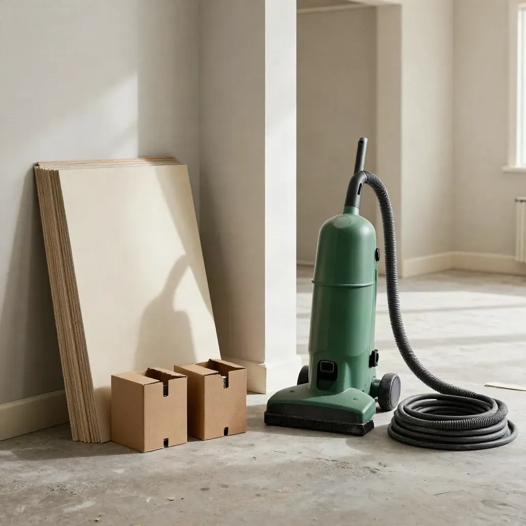 Drywall sheets, screw boxes, shop vacuum and coiled cord in a tidy renovation corner