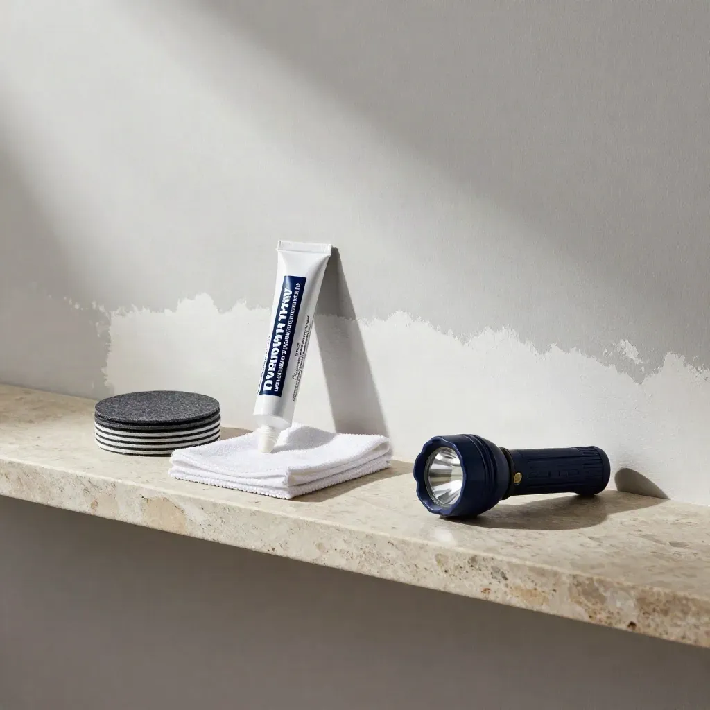 Flashlight, caulk tube, felt pads, and cloth on a limestone shelf under side light.